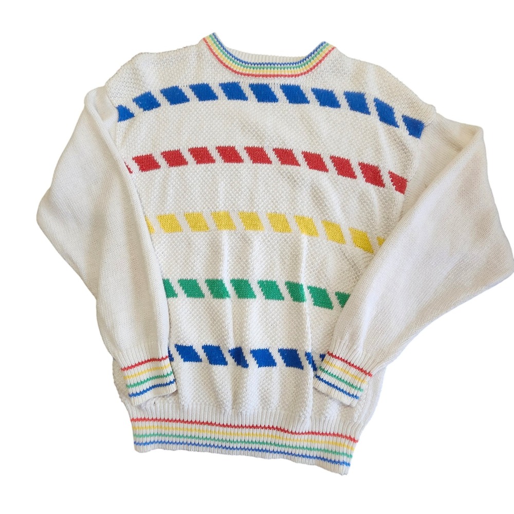 White Rainbow Geometric Sweater Womens M Vintage Ramie Cotton 80s Kidcore Apres